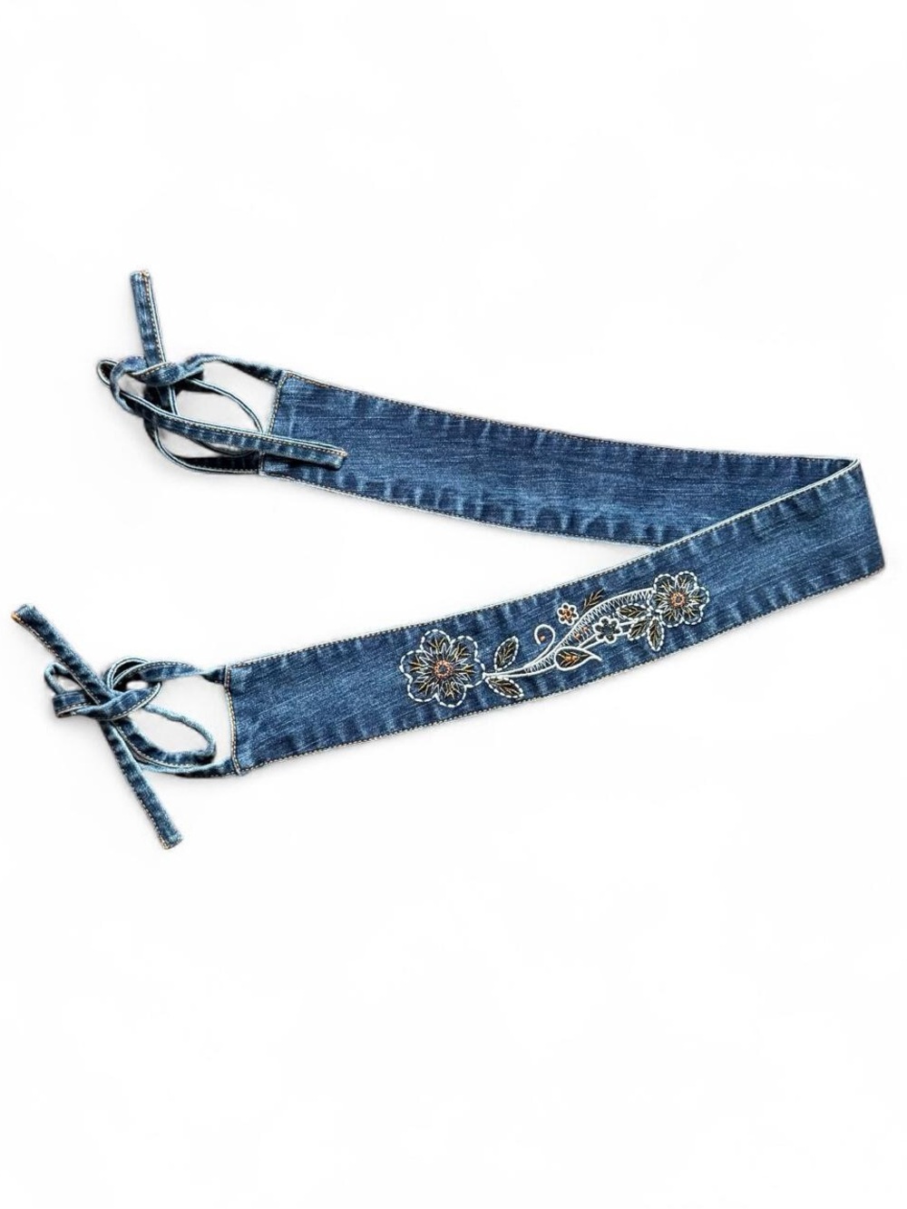 Denim Blue Floral Embroidered Tie Belt